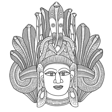 Ethnic mask. Handwritten doodles.Printing style on t-shirts, banners, posters, cover. Coloring page book for adults and children. Tattoos. Vector.のイラスト素材