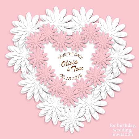 Wedding invitation. Wedding cards - save the date. Romantic design with paper cut white and pink flowers. Heart of three-dimensional flowers. For invitations, wedding projects, birthday and other holidays.のイラスト素材