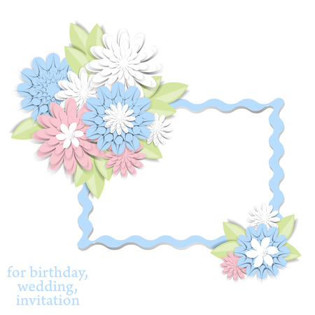 Greeting card with 3d paper flowers and  frame for text. Romantic design with paper cut flovers in pastel colors. For invitations, wedding, birthday and other festive projects.のイラスト素材