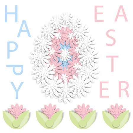 Happy Easter  Greeting card with 3d paper flowers and decorative egg. Romantic design with paper cut flowers in pastel colors.のイラスト素材