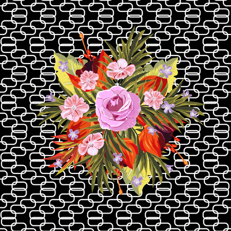Seamless pattern with tropical bouquet and geometric texture. Flower background Vector illustration.のイラスト素材
