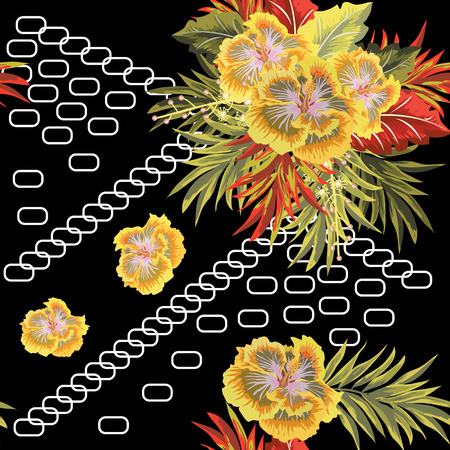 Tropical seamless floral pattern on geometric background. Flower background Vector illustration.のイラスト素材