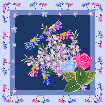 Square flower arrangement. Pattern for printing on scarves, postcards, carpets, bandanas, napkins, home textiles.のイラスト素材