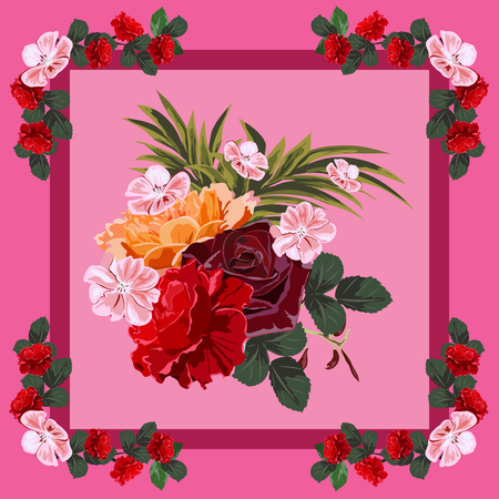 Square flower arrangement. Pattern for printing on scarves, postcards, carpets, bandanas, napkins, home textiles.のイラスト素材