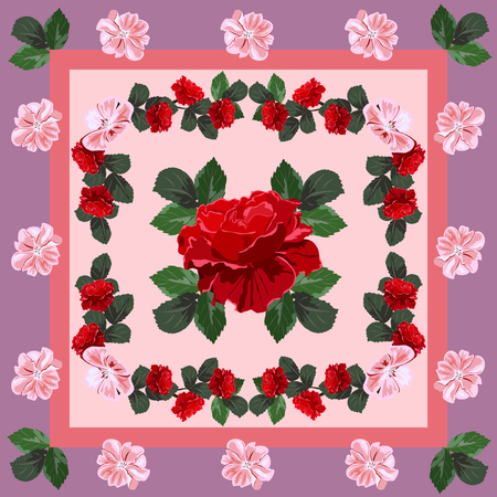 Square flower arrangement. Pattern for printing on scarves, postcards, carpets, bandanas, napkins, home textiles.のイラスト素材
