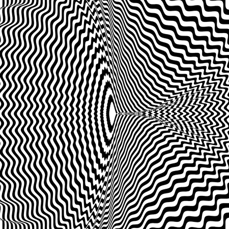 Abstract black and white striped background. Geometric pattern with visual distortion effect. Illusion of rotation. Op art.のイラスト素材