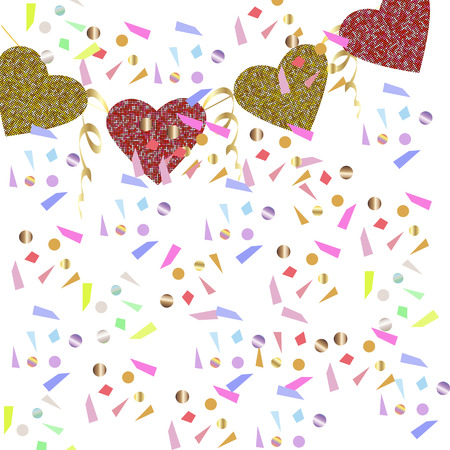Festive background with colorful confetti and a garland of gold and red hearts.Party. Celebration. Vector.のイラスト素材
