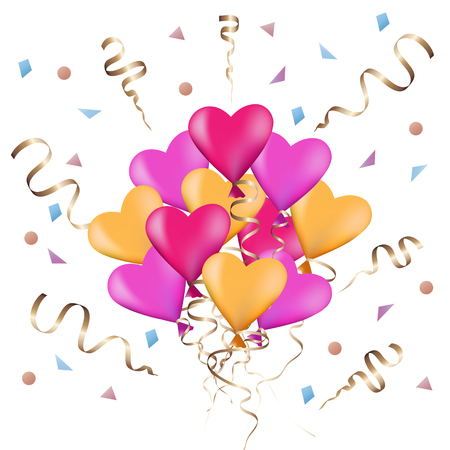 Festive background with colorful balloons in the shape of  heart and confetti. Party. Celebration. Vector.のイラスト素材