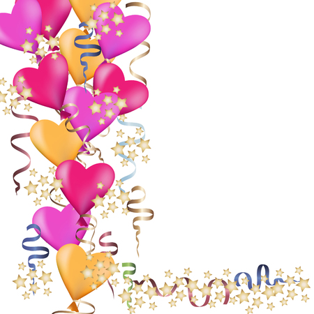 Festive background with colorful balloons in the shape of heart and confetti. Vector illustration.のイラスト素材