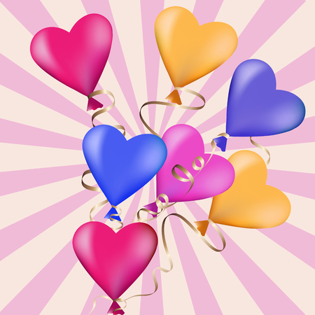 Festive background with colorful balloons in the shape of heart. Bundle of balloons on striped retro background. Vector illustration.のイラスト素材