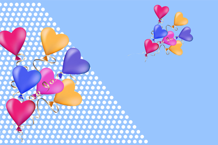 Festive background with colorful balloons in the shape of heart. Bundle of balloons on blue background with dots. Vector illustration.のイラスト素材
