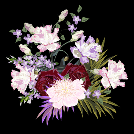 Bouquet of cute garden flowers. Decor elements for greeting cards, wedding invitations, birthday and other celebrations. Isolated on black background. Roses, peony, eustoma.のイラスト素材