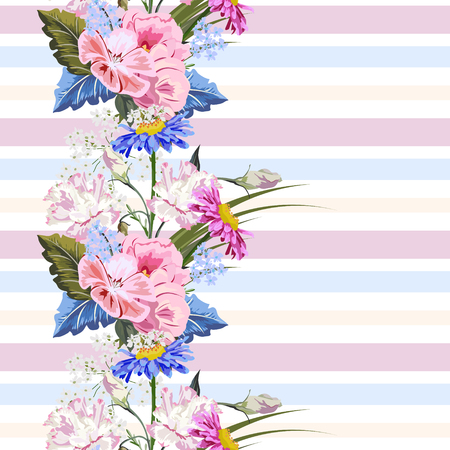 Seamless pattern with beautiful garden flowers on striped background. Flower background for textile, cover, wallpaper, gift packaging, printing.Romantic design for calico, silk.のイラスト素材