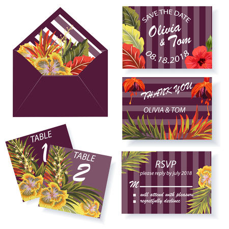 Wedding invitation. Colorful set of wedding cards - thank you, save the date, RSVP, table number, envelope.のイラスト素材