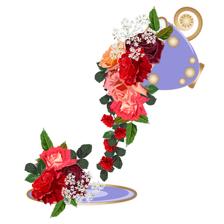 Bouquet of red roses in a purple cup. Decor elements for greeting cards, wedding invitations, birthday and other celebrations. Isolated on white background. Advertising of flower tea.のイラスト素材