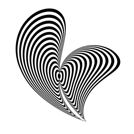 Abstract black and white striped shape. Geometric pattern with visual distortion effect. Optical illusion. Op art.Isolated on white background.のイラスト素材