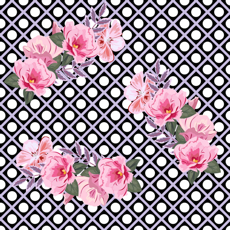 Seamless pattern with cute pink flowers on geometric background. Flower background for textile, cover, wallpaper, gift packaging, printing.Romantic design for calico, silk.のイラスト素材