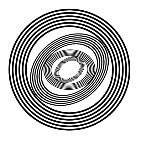 Abstract black and white striped round object. Geometric pattern with visual distortion effect. Illusion of rotation. Op art. Isolated on white background.のイラスト素材
