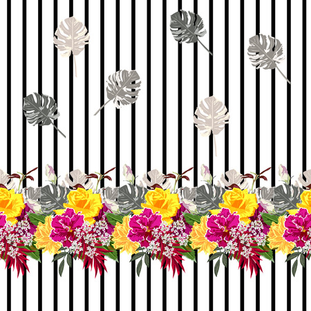 Seamless pattern with tropical flowers and leaves on striped background. Flower background for textile, cover, wallpaper, gift packaging, printing.Romantic design for calico, silk.のイラスト素材
