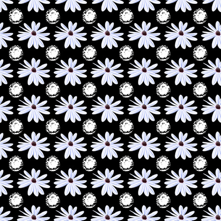 Seamless background with cute garden flowers and white dots. Design for cloth, wallpaper, gift wrapping. Print for silk, calico and home textiles.Vintage natural patternのイラスト素材