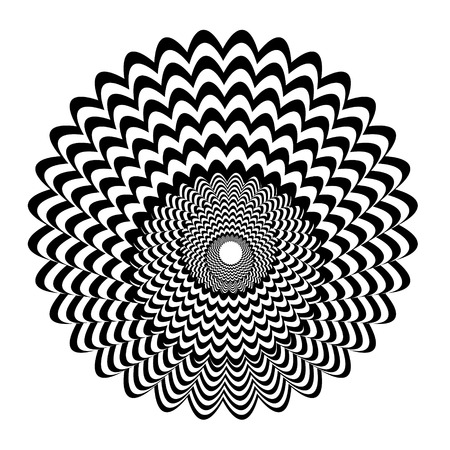 Abstract black and white striped round object. Geometric pattern with visual distortion effect. Illusion of rotation. Op art. Isolated on white background.のイラスト素材