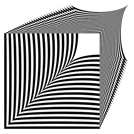 Abstract black and white striped square object. Geometric pattern with visual distortion effect. Optical illusion. Op art. Isolated on white background.のイラスト素材
