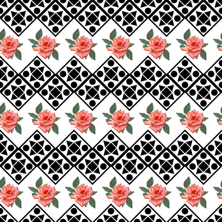 Seamless background with beautiful roses and geometric ornament. Design for cloth, wallpaper, gift wrapping. Print for silk, calico and home textiles.Vintage natural patternのイラスト素材