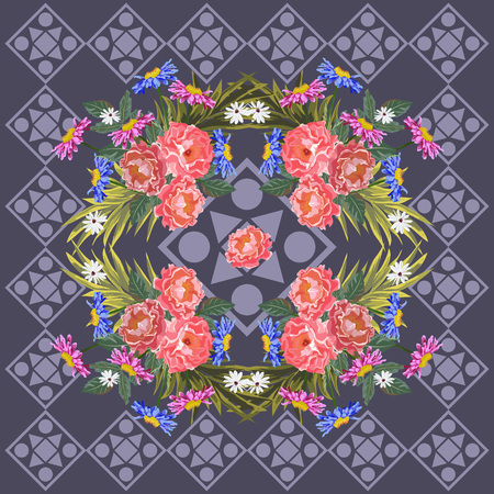 Square flower arrangement. Pattern for printing on scarves, postcards, carpets, bandanas, napkins, home textiles. Garden flowers and geometric ornament. Seamless.のイラスト素材