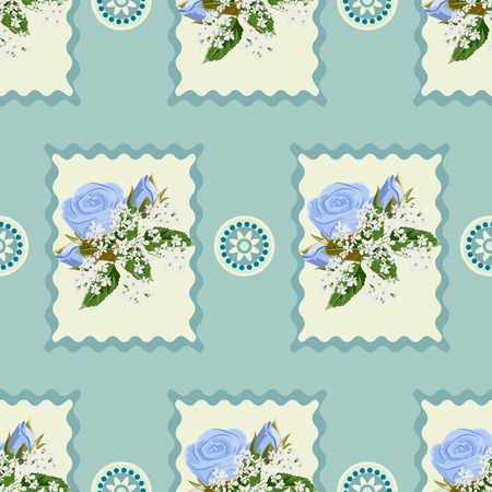 Seamless floral patchwork pattern. Roses and geometric shapes. Flower background for textile, cover, wallpaper, gift packaging, printing.Romantic design for calico, silk.のイラスト素材