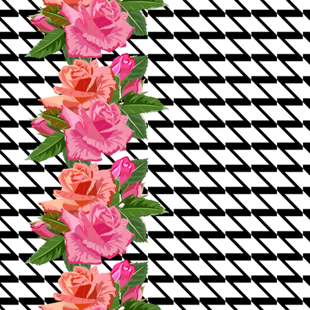 Seamless pattern with beautiful delicate roses on geometric background. Flower background for textile, cover, wallpaper, gift packaging, printing.Romantic design for calico, silk.のイラスト素材