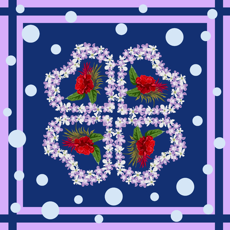 Seamless background with beautiful red roses and hearts from cute little flowers.Square flower arrangement. Pattern for printing on scarves, postcards, carpets, bandanas, napkins, home textiles.のイラスト素材