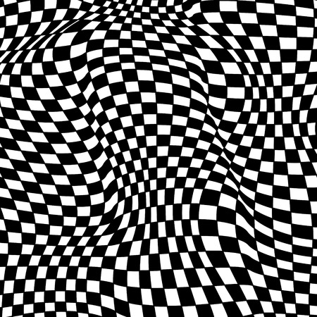 Abstract black and white checkered background. Geometric pattern with visual distortion effect. Optical illusion. Op art.のイラスト素材