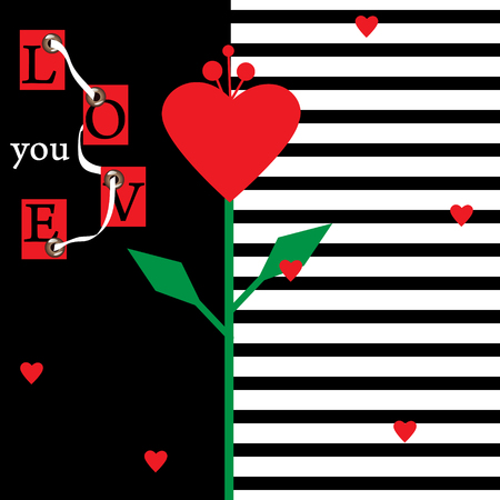 Love you  slogan and  abstract flower with  heart on  black and white striped background. For postcards, banners, posters, wedding invitations, congratulations, St. Valentine's Day.のイラスト素材