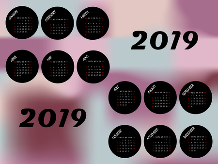 Calendar for the year 2019. Colorful calendar with trendy gradient texture. Week starts from Sunday.のイラスト素材