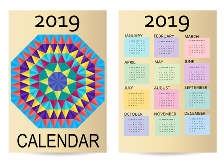 Calendar 2019. Colorful calendar with geometric print. Week starts from Sunday. Two-sided design.のイラスト素材