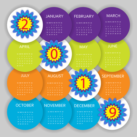 Calendar 2019. Colorful calendar with paper cut effect. Week starts from Sunday.のイラスト素材