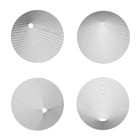 Set of radial elements from lines with visual distortion effects. Geometric monochrome striped background .Vector.のイラスト素材