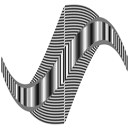 Abstract black and white geometric shape with  striped and checkered texture. Geometric pattern with visual distortion effect. Optical illusion. Op art.のイラスト素材