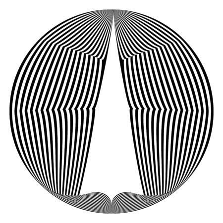 Abstract black and white striped round object. Geometric pattern with visual distortion effect. Optical illusion. Op art. Isolated on white background.のイラスト素材