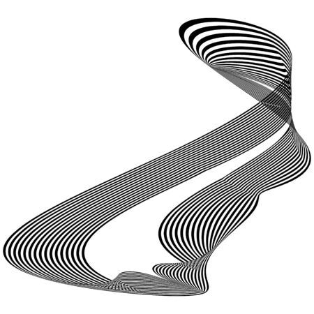 Abstract black and white striped object in the form of  ribbon. Geometric pattern with visual distortion effect. Optical illusion. Op art. Isolated on white background.のイラスト素材