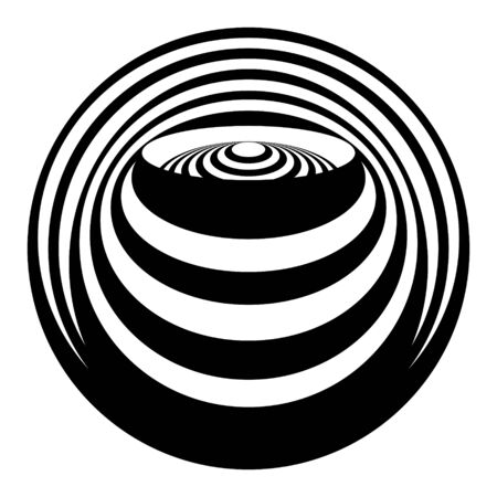 Abstract black and white striped round object. Geometric pattern with visual distortion effect. Optical illusion. Op art. Isolated on white background.のイラスト素材