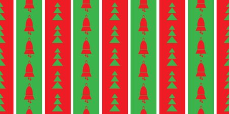 Christmas striped background in traditional red, green and white colors. Festive seamless pattern with bells and  trees for New Year and Christmas projects.のイラスト素材