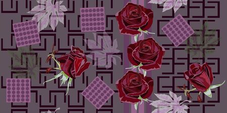 Seamless floral pattern with burgundy roses, falling leaves and geometric elements. Flower background for textile, cover, wallpaper, gift packaging, printing.Romantic design for calico, silk.のイラスト素材