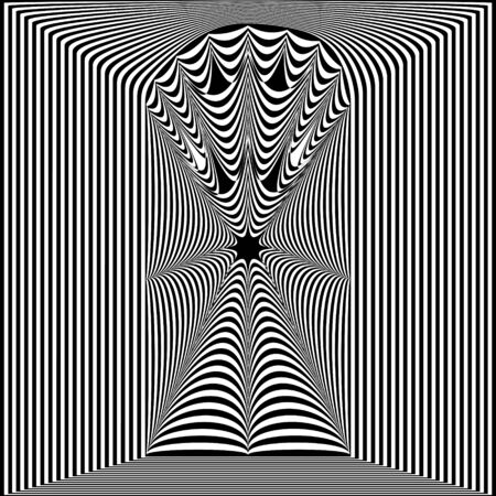 Abstract black and white striped background. Geometric pattern with visual distortion effect. Optical illusion. Op art.のイラスト素材