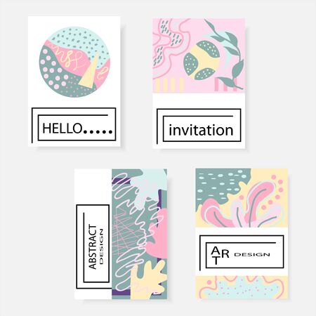 Set of artistic creative universal cards. Hand drawn texture. Design for poster, postcards, invitations, brochures, leaflets. Bright geometric pattern with doodles elements painted with brush. Vector.のイラスト素材