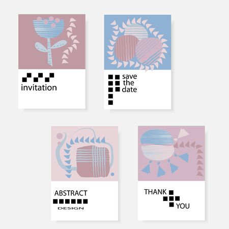 Set of artistic creative universal cards. Hand drawn texture. Design for poster, postcards, invitations, brochures, leaflets. Bright geometric pattern with doodles elements painted with brush. Vector.のイラスト素材