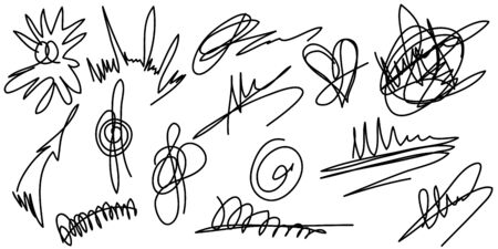 Big set of hand drawn scribble shapes. Collection of abstract objects in duddles style. Continuous line.Vector.Isolated on white background.のイラスト素材