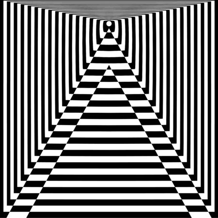 Abstract black and white background. Geometric pattern with visual distortion effect.Optical illusion. Op art.のイラスト素材