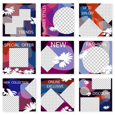 Set of square templates for social media design. Vector background for social networks. Abstract minimal design.White camomiles on geometric background with place for photos.のイラスト素材