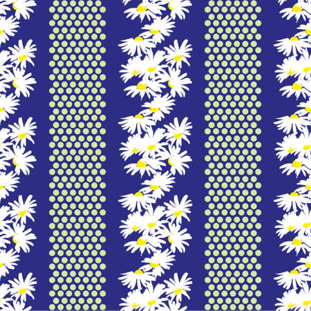 Hand-drawn seamless pattern with floral print. Abstract white daisies on blue background. Vector pattern for printing on fabric, gift wrapping, covers, wallpapers.のイラスト素材
